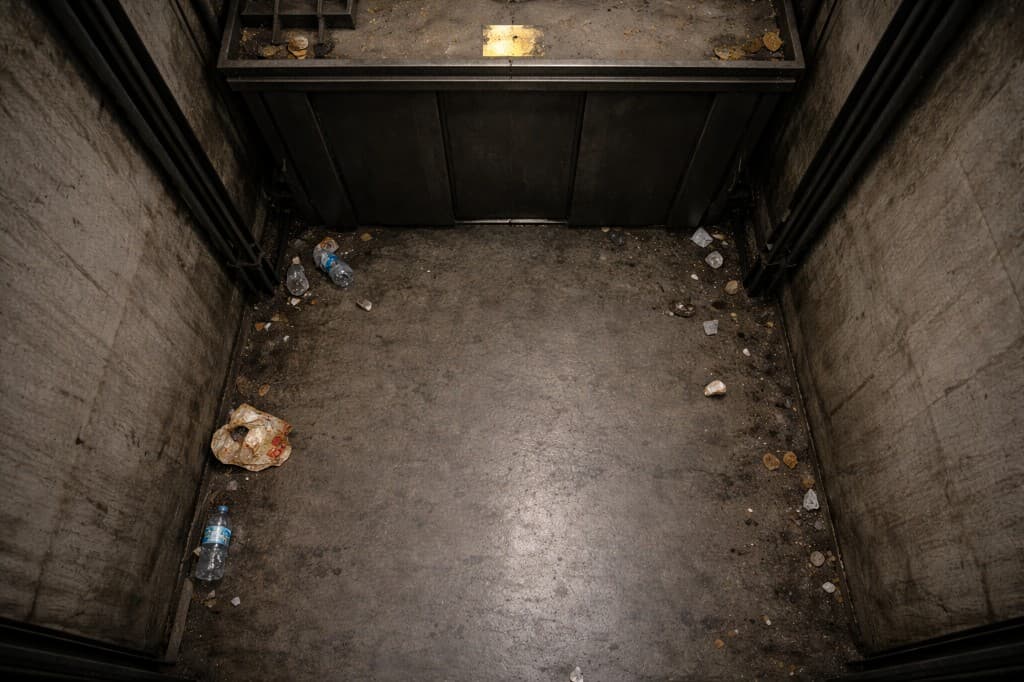 Liftschacht nach der Reinigung — verschmutzt, Abfall, verschmutzter Beton