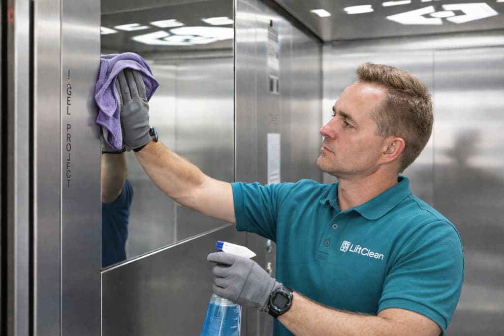 LiftClean Reinigungskraft bei der professionellen Pflege einer Liftkabine